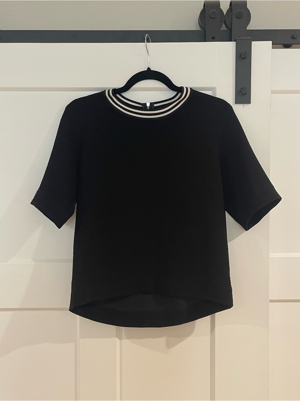 Sandro Black Short-Sleeve Knit Top with Striped Crew Neck